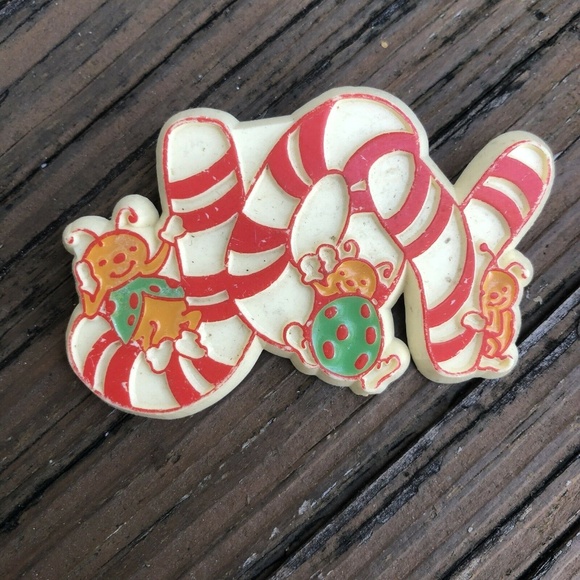 Vintage Jewelry - Christmas Joy Brooch Candy Cane Stripe White Ladybug Holiday Plastic Pin Vintage